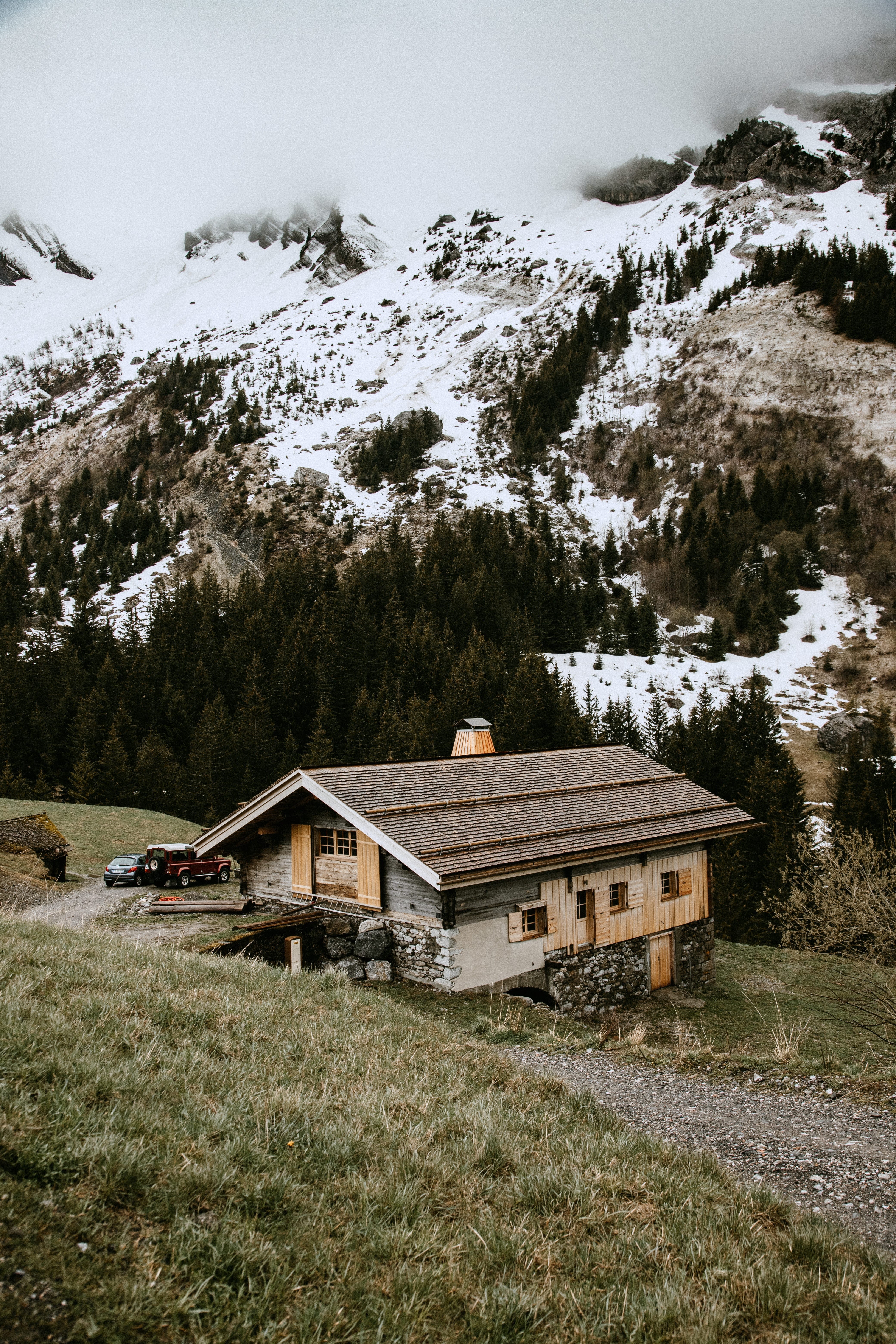 a snowy lodge in the mountains